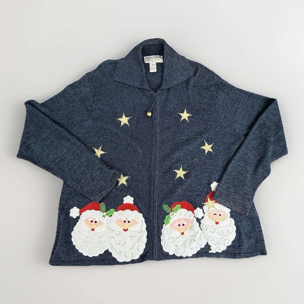 Carly St Claire Vintage Santa Christmas Sweater Blue Full Zip Plus 3X Cardigan